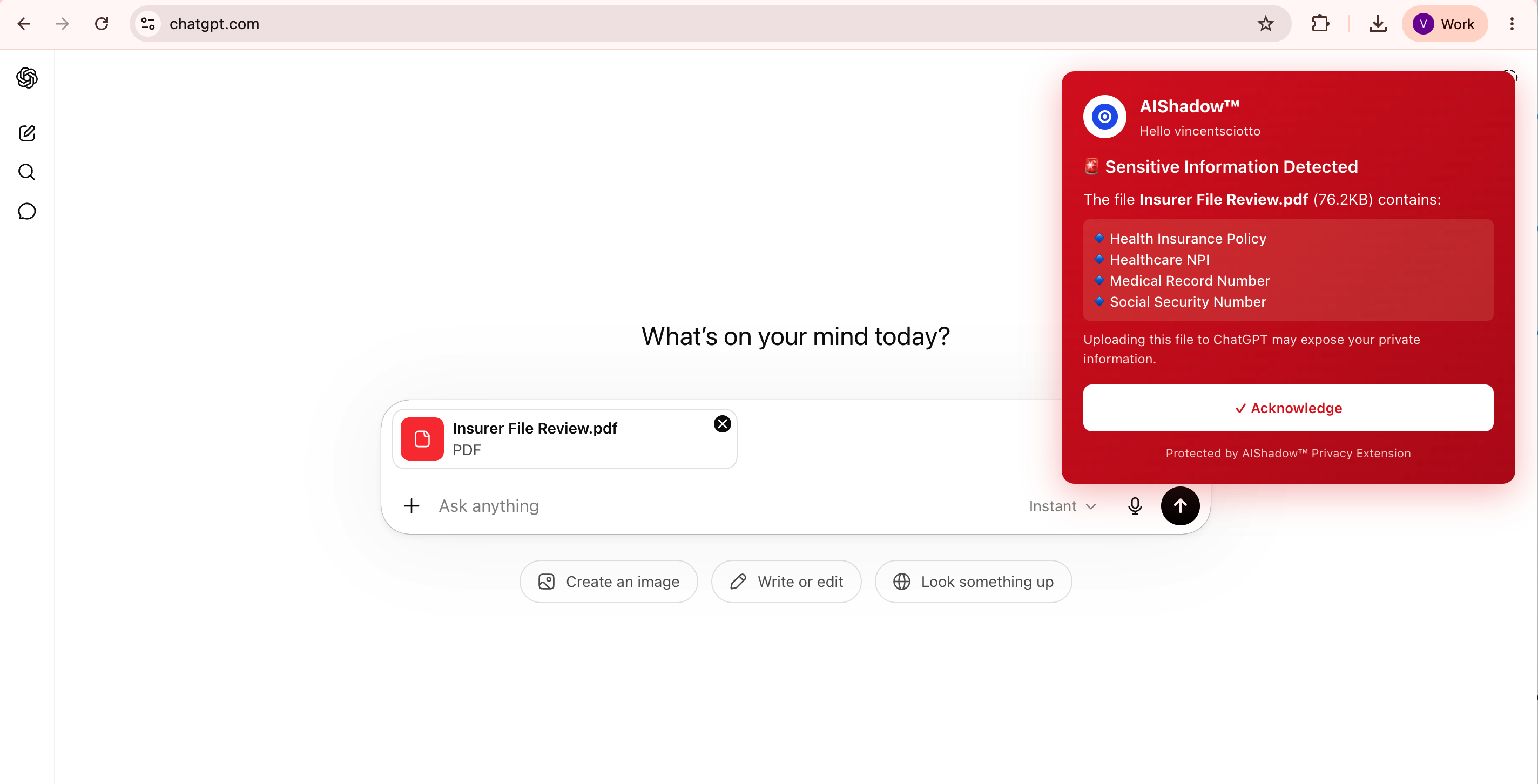 AI Shadow popup on chatgpt.com detecting sensitive information in an uploaded file: Health Insurance Policy, Healthcare NPI, Medical Record Number, Social Security Number.